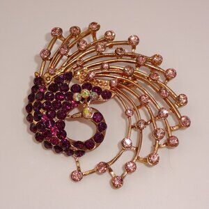 Vintage Rhinestones Peacock Brooch Gold Tone Purple Pink Scarf Pin Bird Unmarked